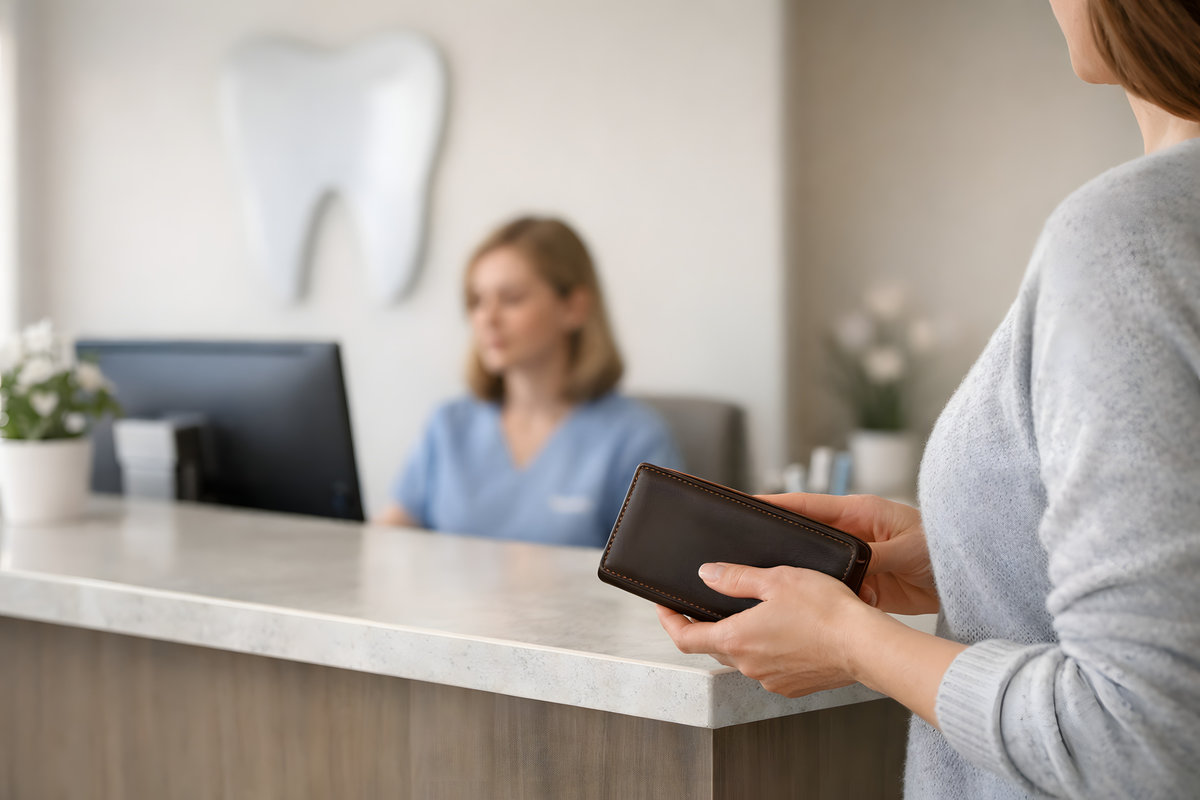 Woman Preparing to Pay at Dental Reception Desk